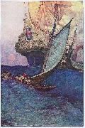 An Attack on a Galleon: illustration of pirates approaching a ship Howard Pyle
